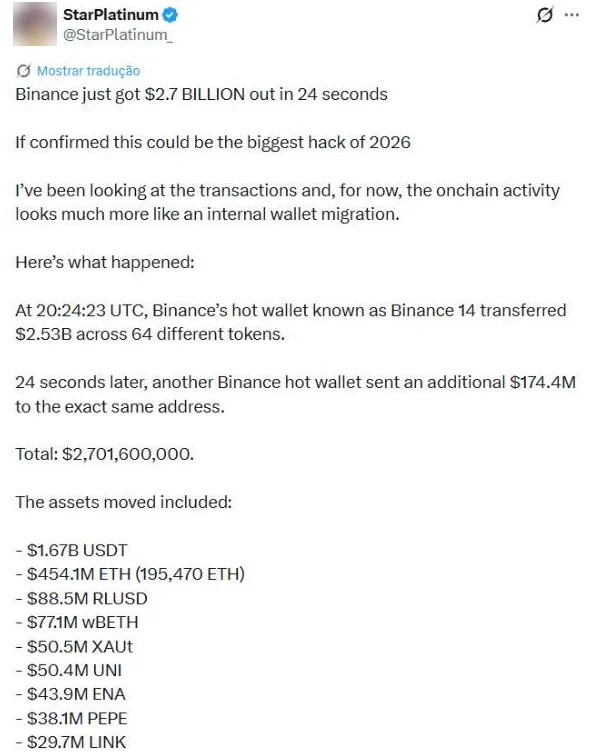 Post do analista StarPlatinum no X às 17h58 somando 2,7 bilhões de dólares e levantando a hipótese de migração interna de carteira da Binance