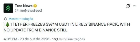 Post do Tree News às 18h05 informando que a Tether congelou 971 milhões de dólares em USDT no provável hack da Binance
