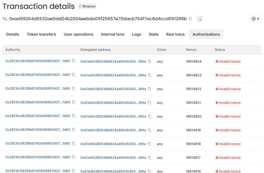 Lista de autorizações EIP-7702 em nome da carteira Binance 14 na transação das 17h20 de 29 de outubro de 2026, no explorador Blockscout