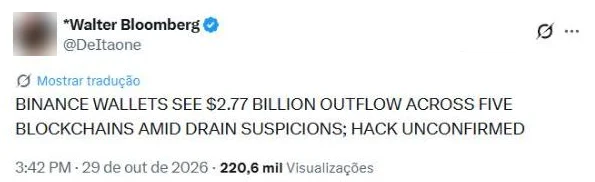 Post do perfil Walter Bloomberg no X às 17h42 sobre saída de 2,77 bilhões de dólares das carteiras da Binance em cinco blockchains