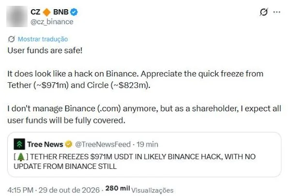 Post de CZ, fundador da Binance, às 18h15 de 29 de outubro de 2026 dizendo que os fundos dos usuários estão seguros e que o caso parece um hack