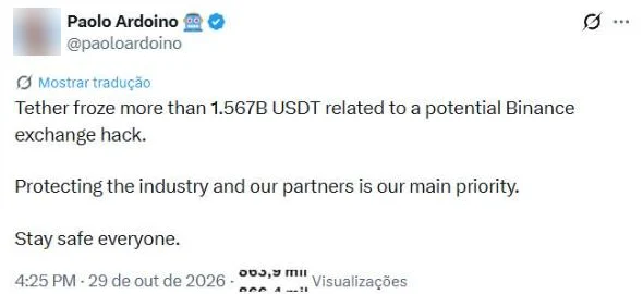 Post de Paolo Ardoino, CEO da Tether, às 18h25 informando o congelamento de mais de 1,567 bilhão de USDT