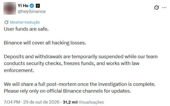 Post de Yi He às 21h04 dizendo que a Binance cobrirá todas as perdas do hack