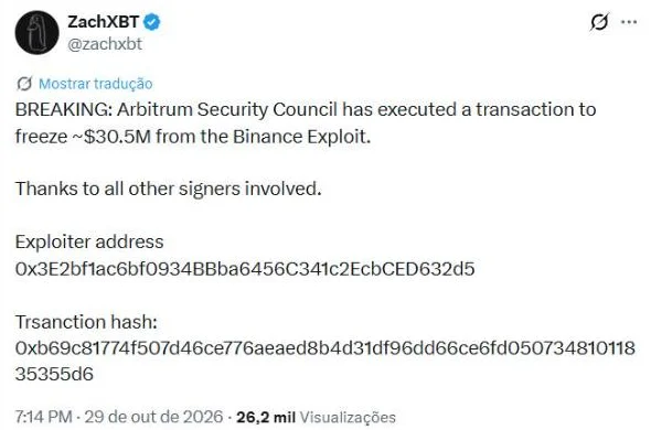 Post de ZachXBT às 21h14 informando que o Conselho de Segurança da Arbitrum congelou cerca de 30,5 milhões de dólares do ataque à Binance