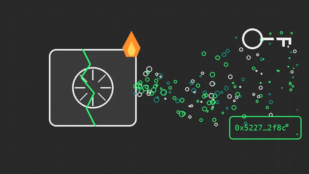 Ilustração de cofre com chama e rachadura verde liberando tokens em direção a um endereço, representando a suspeita de hack da carteira quente da Binance