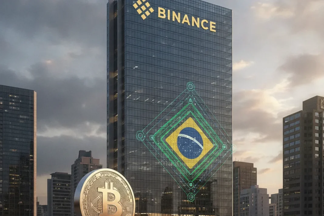 Logo da Binance ao lado de moedas de criptomoedas, ilustrando mudanças para brasileiros após regulação do Banco Central