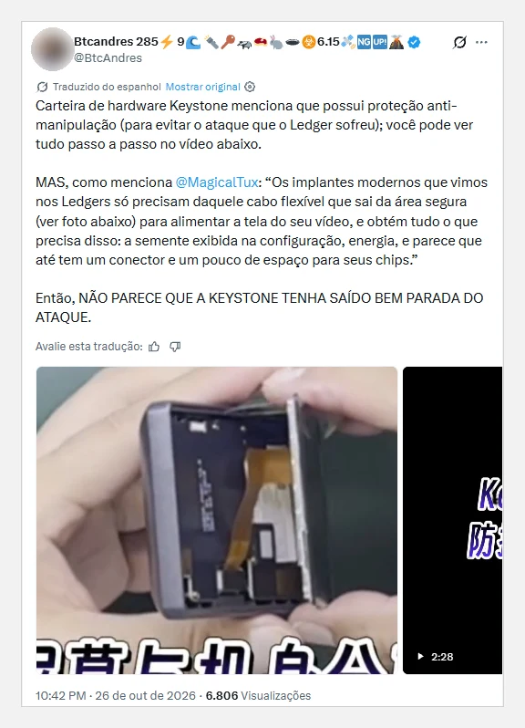 Print do post de Btcandres que compartilhou a análise de Mark Karpelès sobre o cabo da tela da Keystone, com tradução automática do X para o português