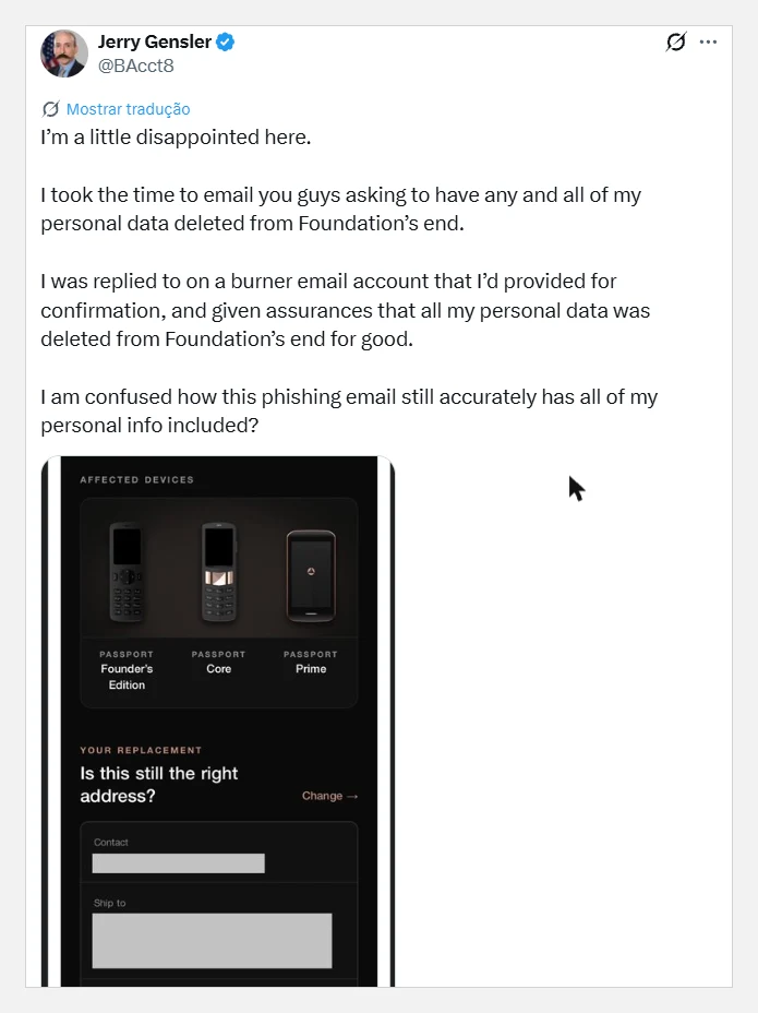 Print de usuário do X relatando que pediu a exclusão dos dados à Foundation e ainda assim recebeu o e-mail falso com seus dados