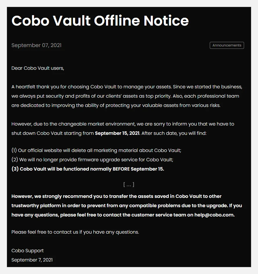 Print do aviso da Cobo de 7 de setembro de 2021 anunciando o desligamento da Cobo Vault, o fim das atualizações de firmware e a recomendação de transferir os ativos