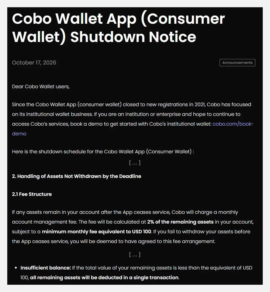 Print do aviso da Cobo sobre o encerramento do aplicativo Cobo Wallet com a taxa mensal de 2 por cento e mínimo de 100 dólares sobre ativos não sacados