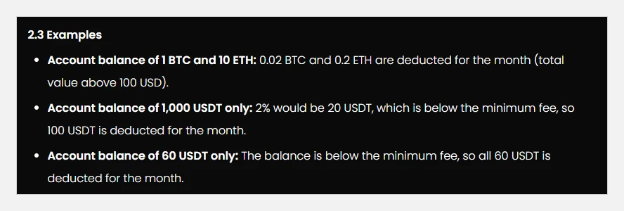 Print dos exemplos de cobrança do aviso da Cobo: 100 USDT descontados de um saldo de 1.000 USDT e todo o saldo descontado quando há 60 USDT