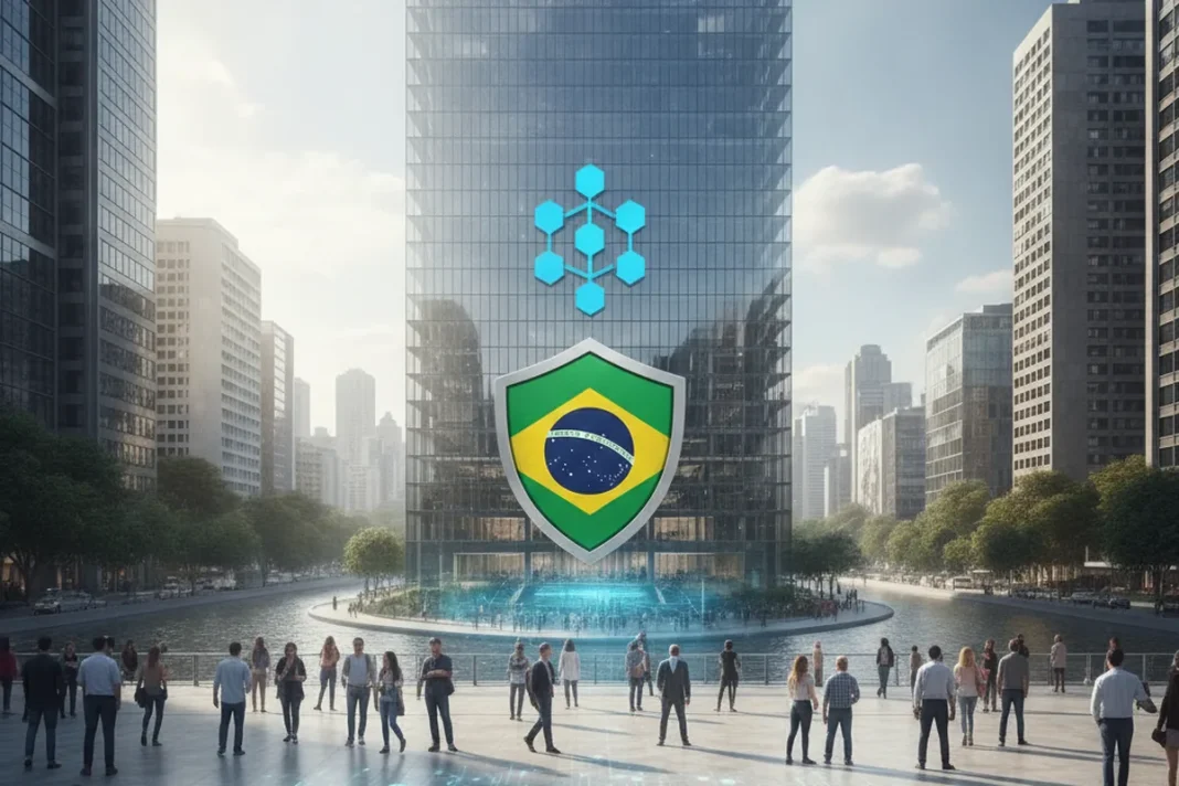 Logotipo da Coinbase ao lado da bandeira do Brasil, representando o pedido de licença cripto no país