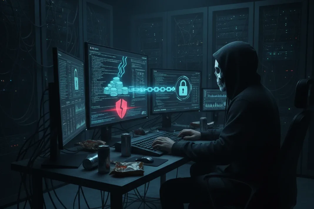 Ilustração de hacker com criptomoedas roubadas, tema do relatório da Blockaid sobre fundos que não podem ser congelados
