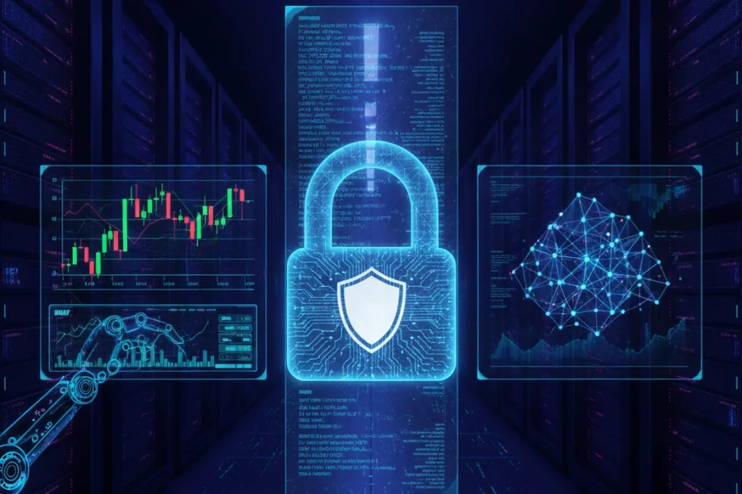Cadeado digital sobre gráfico de trading ilustrando alerta da CertiK sobre falha de certificados eMudhra em bots cripto