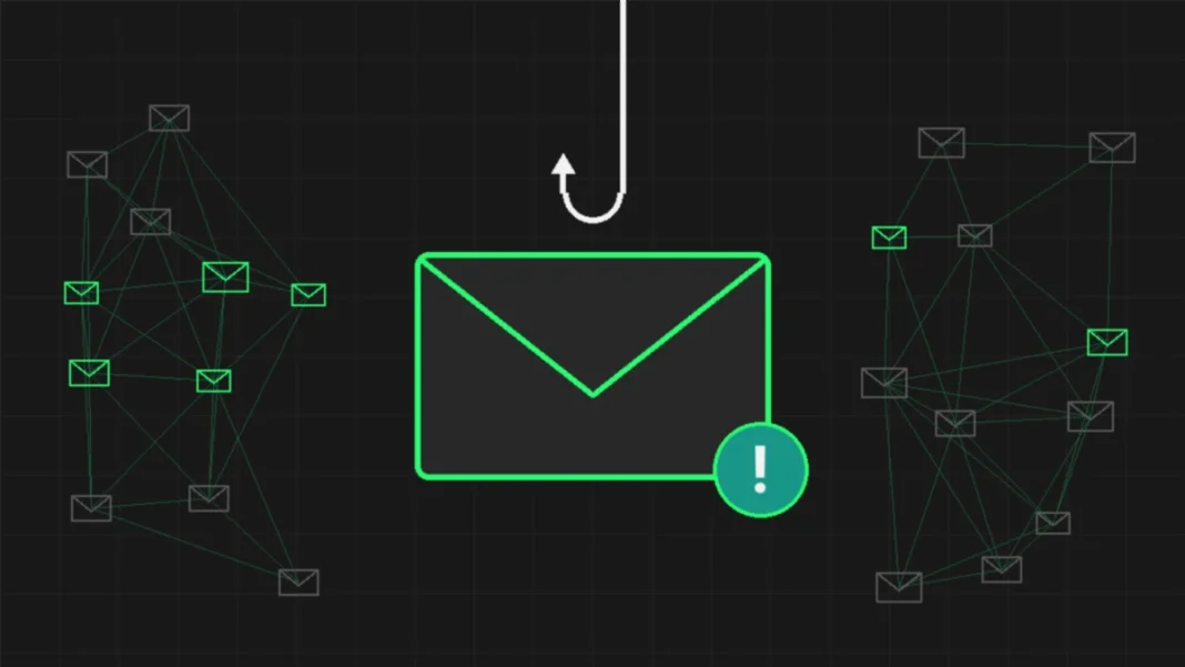 Ilustração de e-mail de phishing fisgado por anzol entre envelopes conectados, representando vazamento de dados de clientes de carteiras de hardware