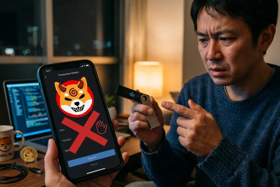 Moeda Shiba Inu com alerta de golpe de airdrop falso e wallet drainer