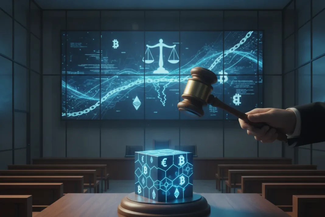 Martelo da Justiça sobre tela com dados de blockchain, simbolizando ação judicial por golpe de criptomoedas no Brasil