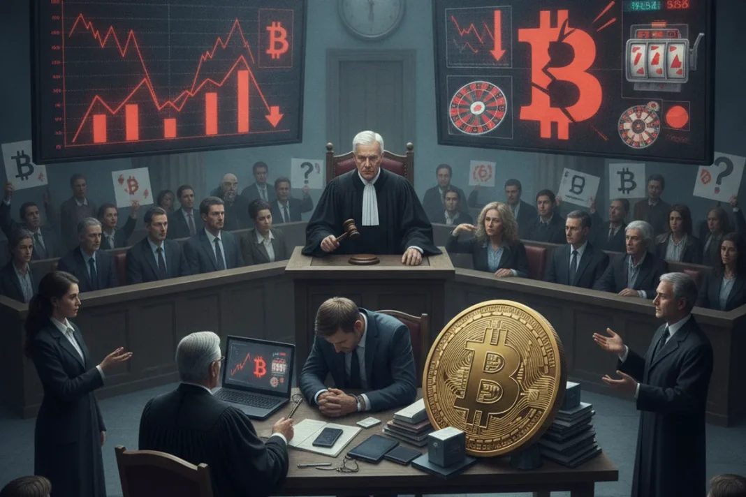 Moeda de bitcoin ao lado de fichas de cassino, ilustrando golpe com criptomoedas desviadas para apostas