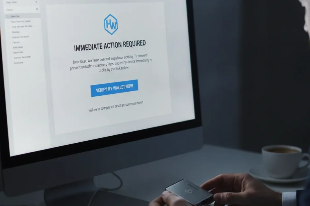 Carteira de hardware Ledger ao lado de alerta de e-mail de phishing com firmware falso