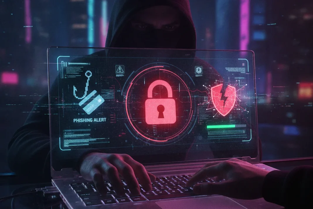 Notebook com alerta de segurança representando a derrubada de serviços de phishing pela Microsoft e TRM Labs