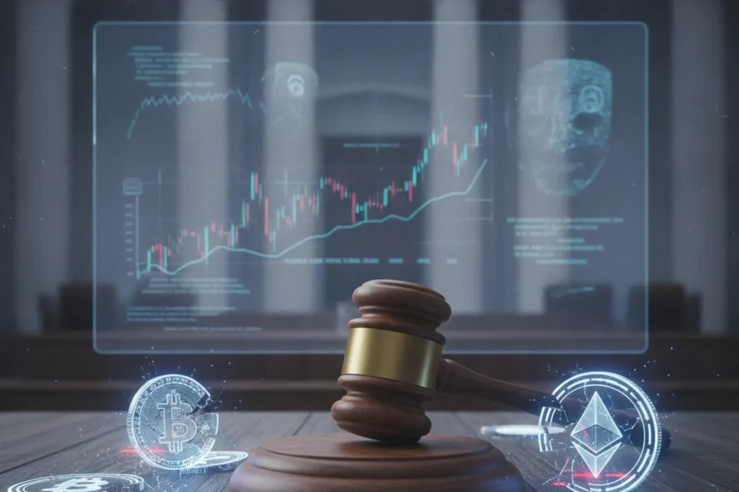 Martelo de juiz ao lado de moedas de criptomoeda, ilustrando decisão do TJPR sobre golpe pump and dump da Rental Coins