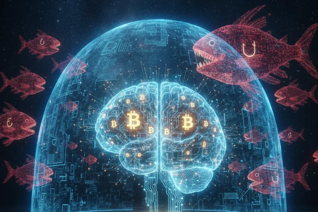 Moeda de Bitcoin sobre circuitos digitais representando o alerta de CZ sobre IA, phishing e vazamento de dados