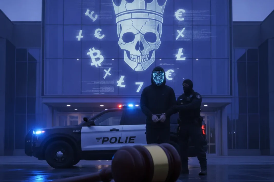 Martelo de juiz ao lado de moedas de criptomoeda, ilustrando prisão de hackers que lavaram dinheiro após invadir a Sinqia