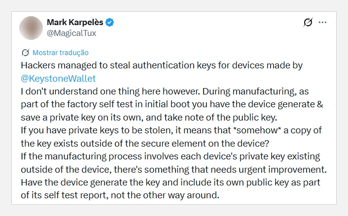 Print do post de Mark Karpelès questionando por que havia uma cópia da chave privada de autenticação da Keystone fora do aparelho
