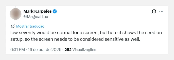 Print do post de Mark Karpelès dizendo que a tela da Keystone deve ser considerada sensível porque mostra a frase de recuperação