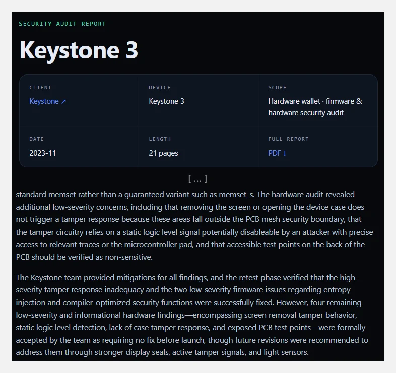 Print da página do relatório da Keylabs sobre a Keystone 3, de novembro de 2023, com o resumo dos achados de hardware aceitos sem correção