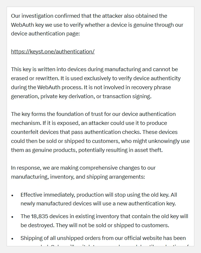 Print do trecho do comunicado da Keystone que confirma que o invasor obteve a chave WebAuth usada para verificar se o aparelho é genuíno