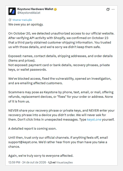 Print do comunicado da Keystone no X confirmando acesso não autorizado ao site e vazamento de dados de envio de clientes