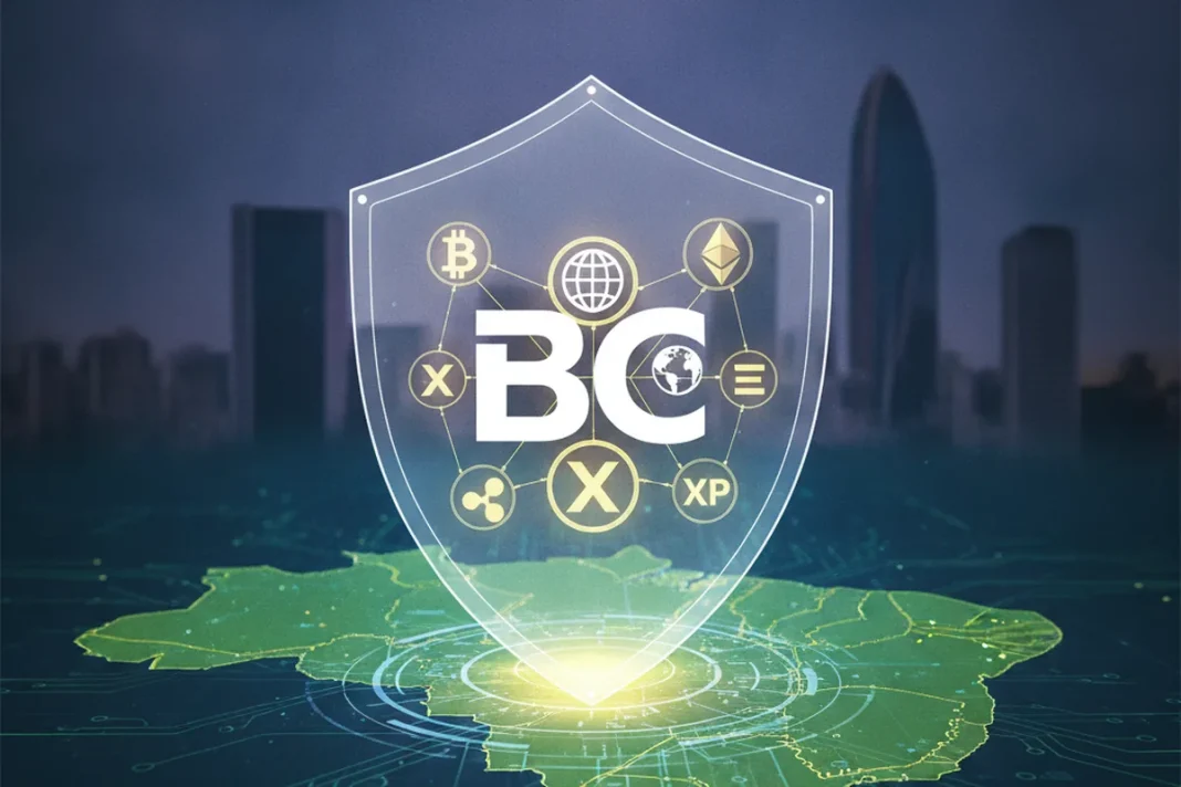 Sede do Banco Central e símbolos de criptomoedas ilustrando pedidos de licença de OKX, Brasil Bitcoin e UnblockPay