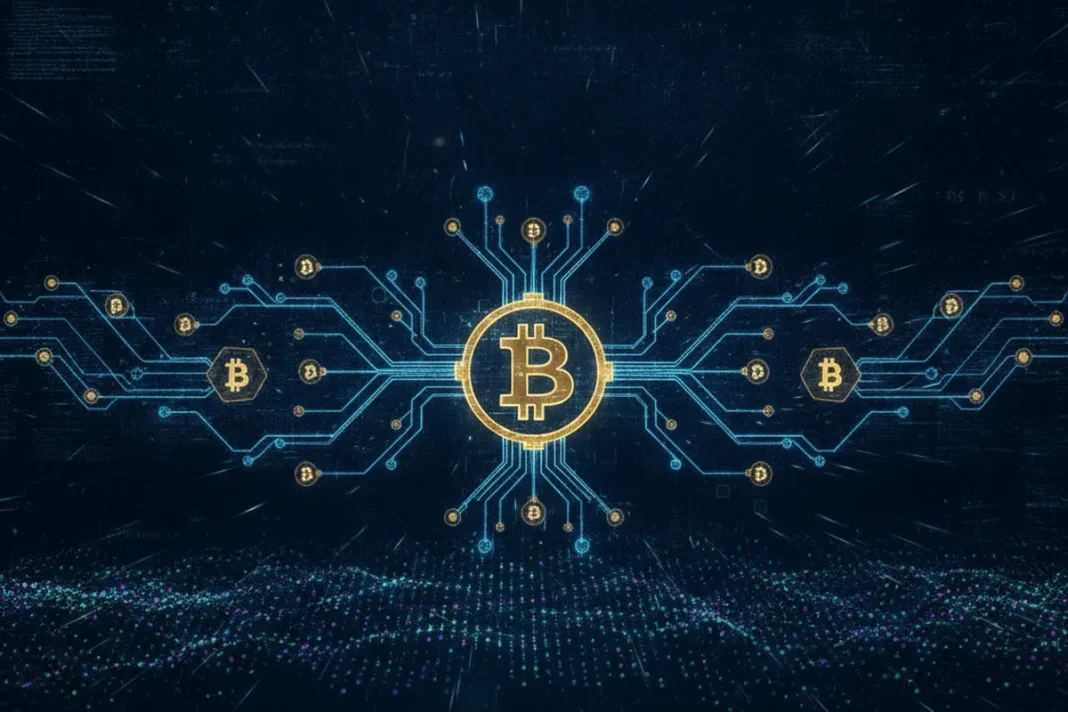 Moeda de bitcoin sobre fundo escuro ilustrando a rede Liquid e o congelamento dos peg-outs