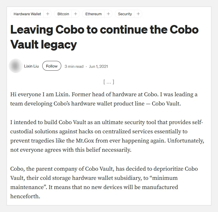 Print do texto de Lixin Liu de 1º de junho de 2021 sobre deixar a Cobo para continuar a Cobo Vault, com o trecho sobre a decisão de manutenção mínima
