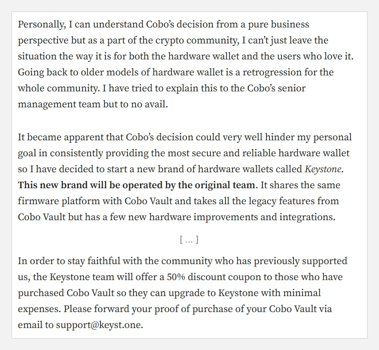 Print do texto de Lixin Liu dizendo que tentou explicar a decisão à direção da Cobo sem sucesso, anunciando a Keystone e oferecendo cupom de 50 por cento a donos da Cobo Vault