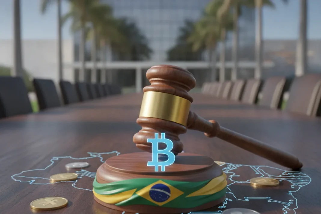 Martelo de juiz ao lado de moedas de criptomoeda, ilustrando disputa judicial entre investidor e Mercado Pago por Uniswap