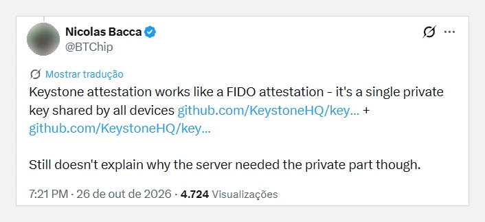 Print do post de Nicolas Bacca, cofundador da Ledger, afirmando que a autenticação da Keystone usa uma única chave privada compartilhada por todos os aparelhos