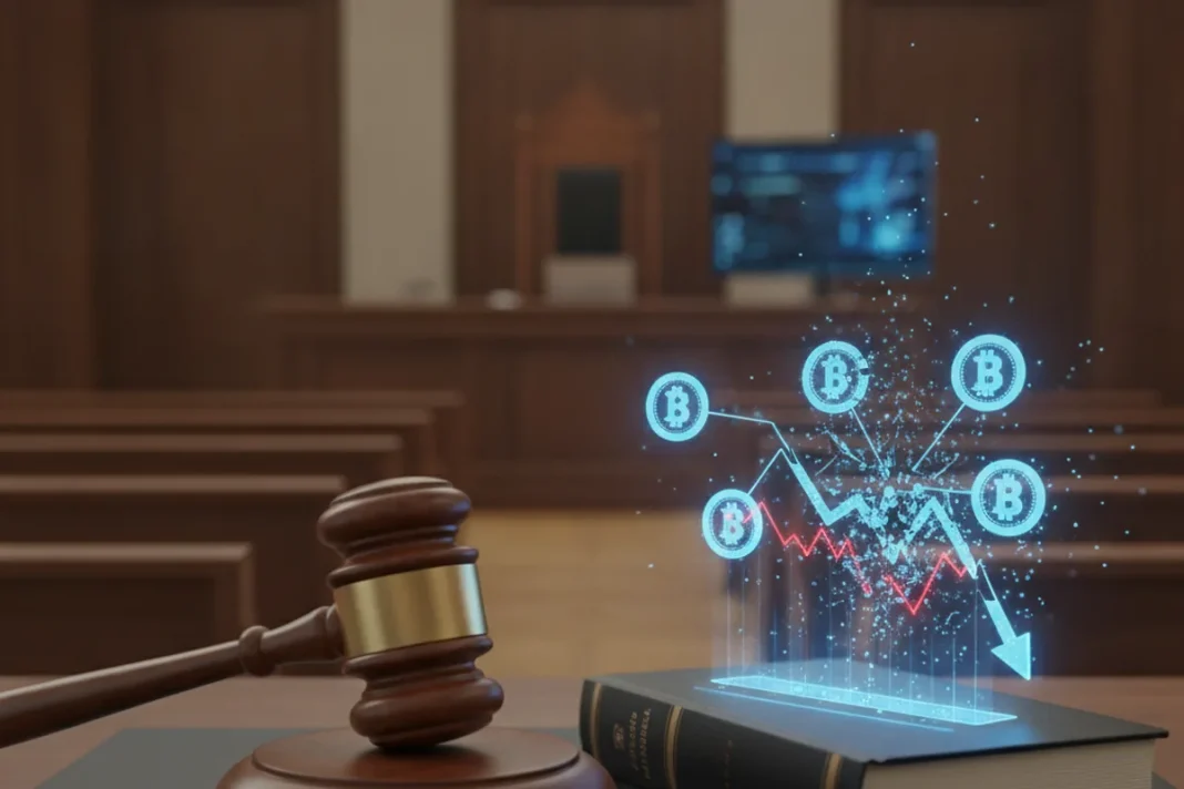 Martelo de juiz ao lado de moedas de criptomoeda, simbolizando o processo contra a NovaTech em Nova York