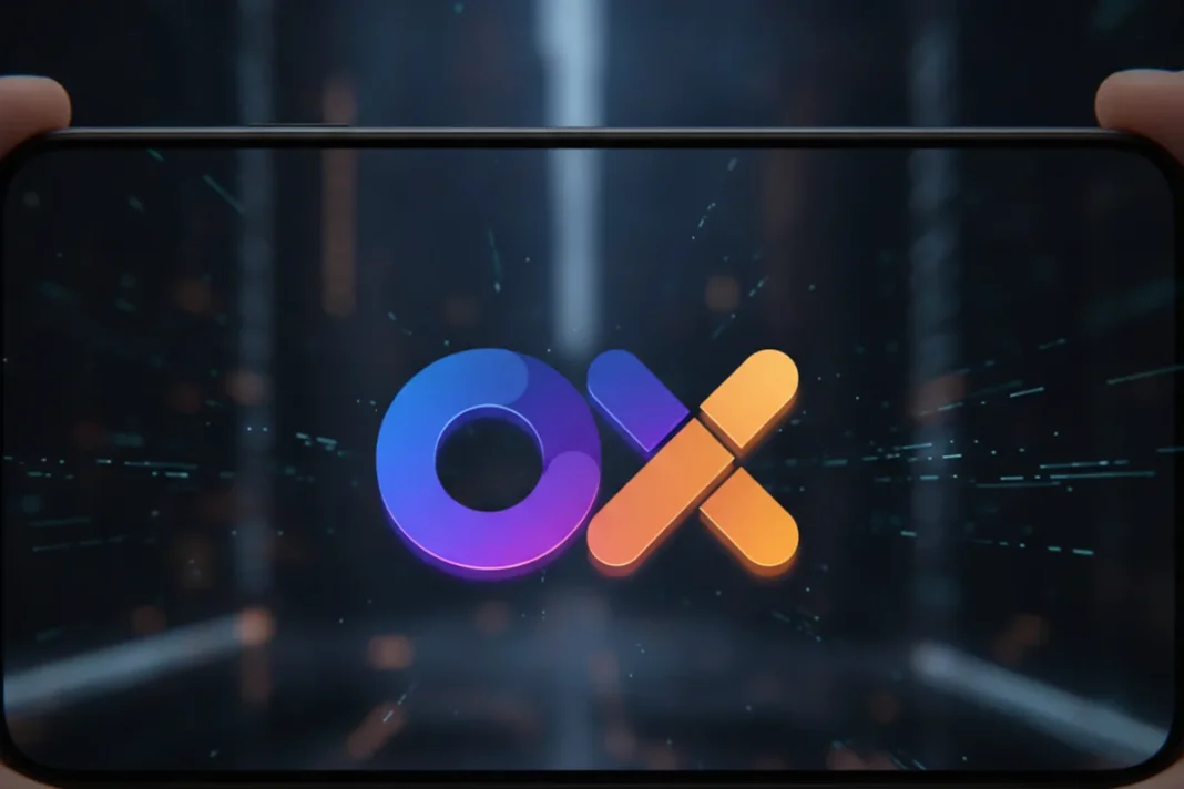Tela de celular exibe o logo da corretora de criptomoedas OKX, que pediu licença ao Banco Central do Brasil