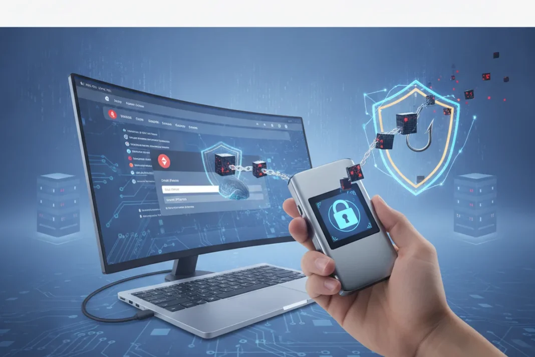 Carteira de hardware e alerta de phishing representando o ataque às notificações do app da NGRAVE