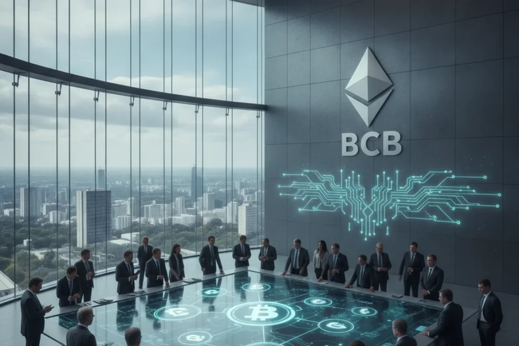 Sede do Banco Central com moedas digitais ao fundo ilustrando as novas regras cambiais para criptoativos