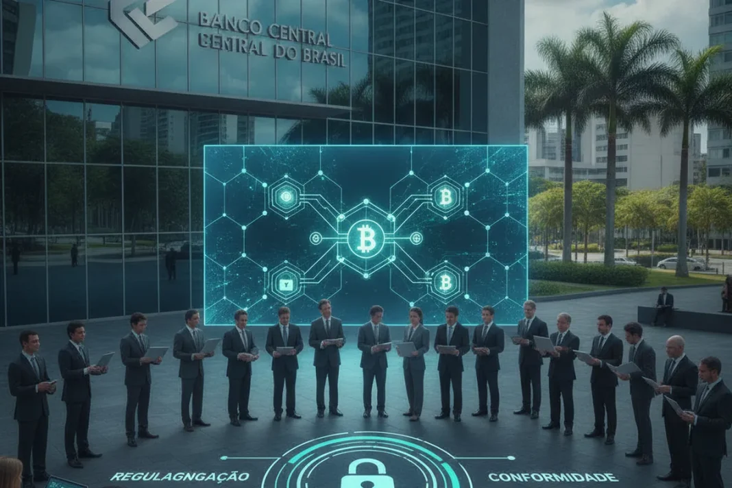 Sede do Banco Central do Brasil com ícones de criptomoedas, representando a regulação do setor cripto no país