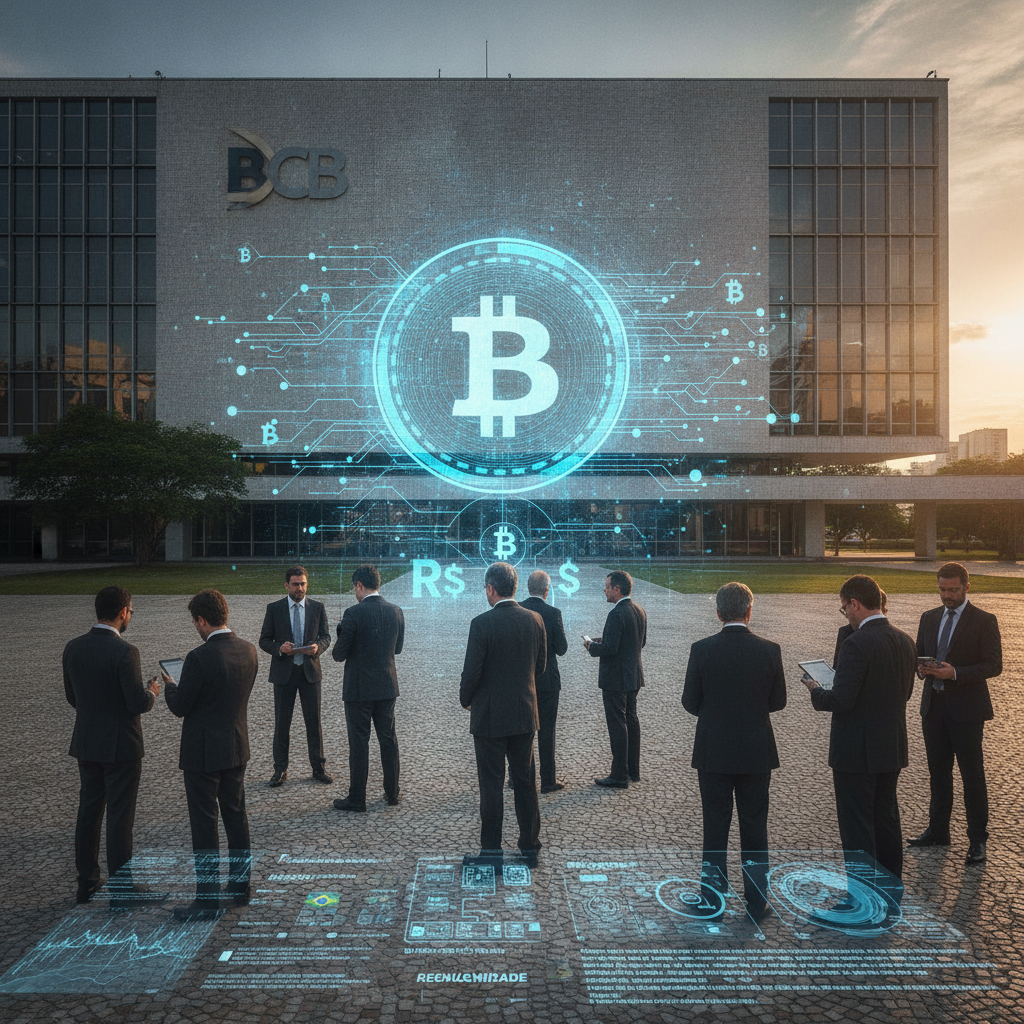 Ilustração da regulação de criptomoedas no Brasil com logo do Banco Central e ícones de Bitcoin e autocustódia