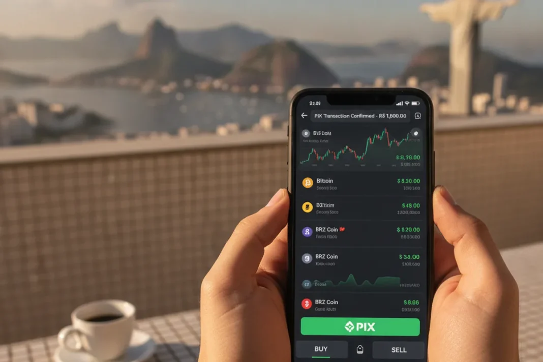 Celular com app de corretora de criptomoedas representando o fim do Pix na Ripio Brasil