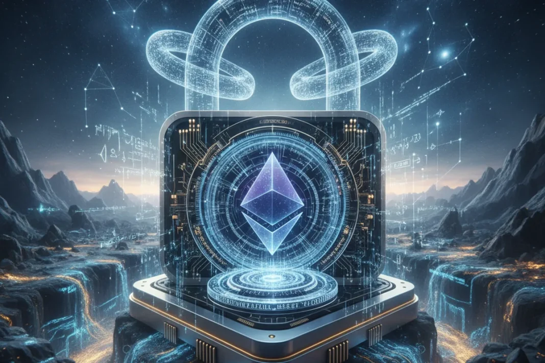 Ilustração de cadeado digital representando segurança de chave privada no Ethereum com fundo de código criptográfico