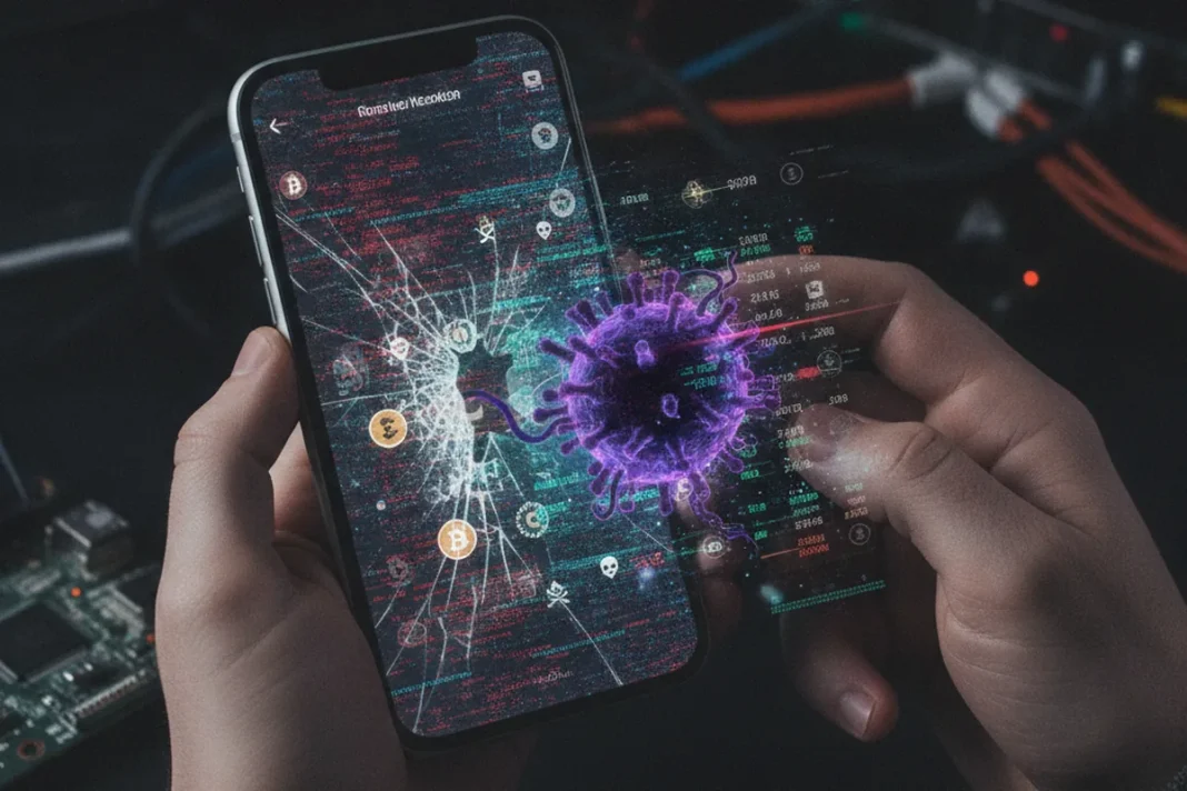 iPhone com alerta de segurança representando spyware que mira carteiras de criptomoedas