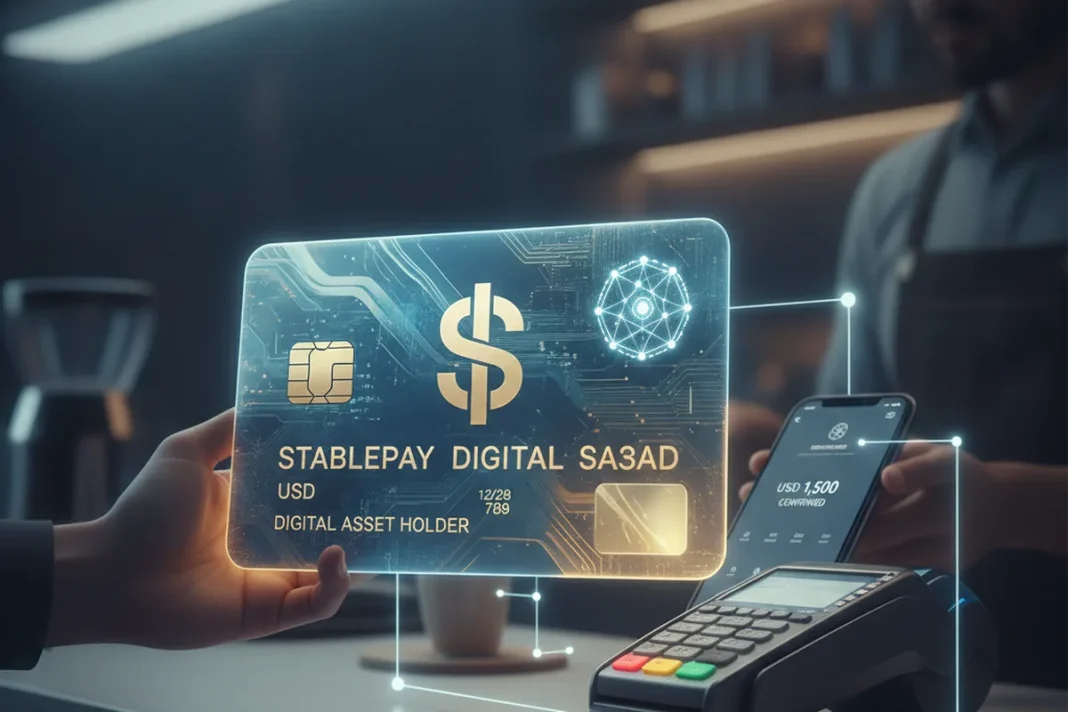 Cartões de pagamento e moeda digital representando a stablecoin Open USD de Visa, Mastercard e Coinbase aprovada pelo Cade