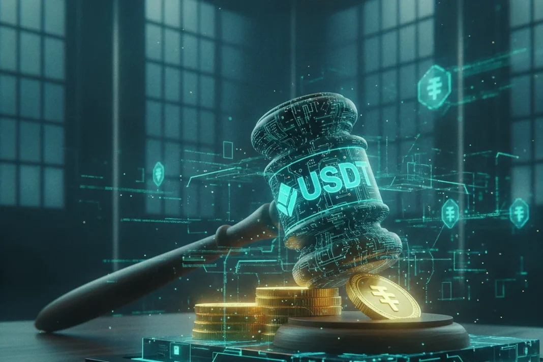 Moeda USDT da Tether ao lado de martelo de juiz, simbolizando decisão judicial sobre bloqueio em golpe de criptomoedas