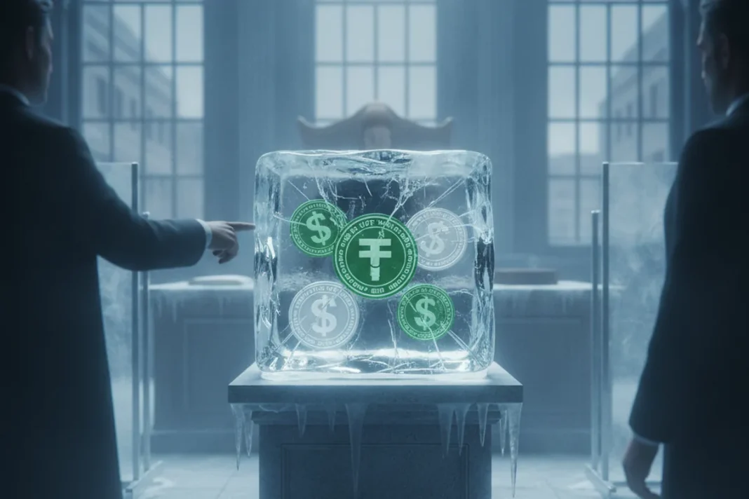 Logotipo da Tether com símbolo de cadeado representando congelamento de USDT ligado a investigação no Brasil